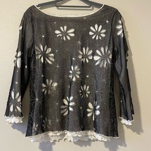 Vintage Pink Poodle Mesh Floral Print Long Sleeved Blouse